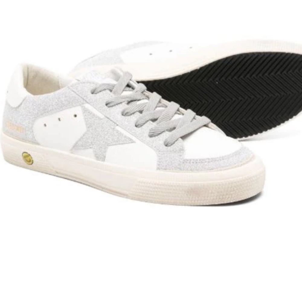 Girls Golden goose white with silver glitter lace up sneakers, size 36 brand new